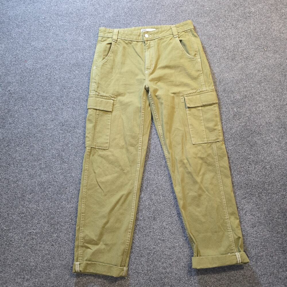 Zara Jeans Womens Size 32 Green Beige Cargo Straight Leg Baggy Cuffed Skater